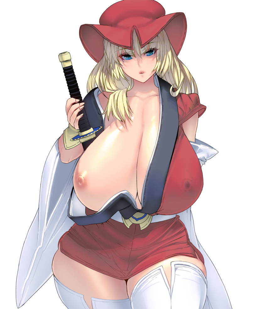 1girl blonde_hair blue_eyes breasts collarbone eyebrows_visible_through_hair hat huge_breasts japanese_clothes katana long_hair looking_at_viewer masao nipples open_clothes original parted_lips simple_background solo standing sword thighhighs thighs weapon white_background white_legwear