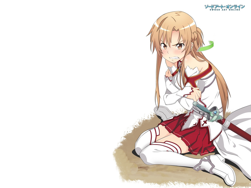 blush brown_eyes brown_hair long_hair skirt sword sword_art_online tagme_(artist) weapon yuuki_asuna