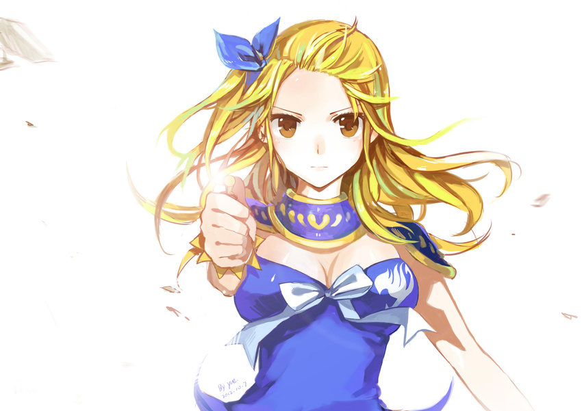 2012 absurdres artist_name blonde_hair breasts cleavage dated fairy_tail hair_ribbon highres ji_yue long_hair lucy_heartfilia medium_breasts one_side_up ribbon serious solo