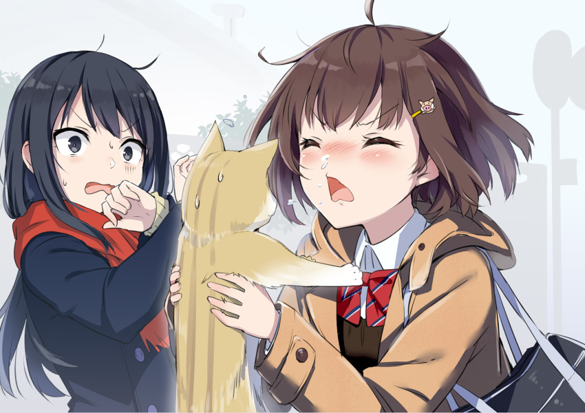 2girls ahoge animal bag bangs black_eyes black_hair black_jacket blazer blush bow bowtie brown_hair brown_jacket brown_sweater buttons carrying cat collared_shirt commentary_request constricted_pupils enpera eyes_closed furrowed_eyebrows gochou_(atemonai_heya) hair_ornament hairclip hands_up highres hood hood_down hooded_jacket jacket long_hair long_sleeves multiple_girls nose_blush open_clothes open_jacket open_mouth original outdoors red_neckwear red_scarf scarf school_bag shirt short_hair sidelocks sign sneezing snot striped striped_neckwear sweat sweater tree undershirt upper_body v-shaped_eyebrows wavy_mouth white_shirt wing_collar winter_clothes yellow_sweater