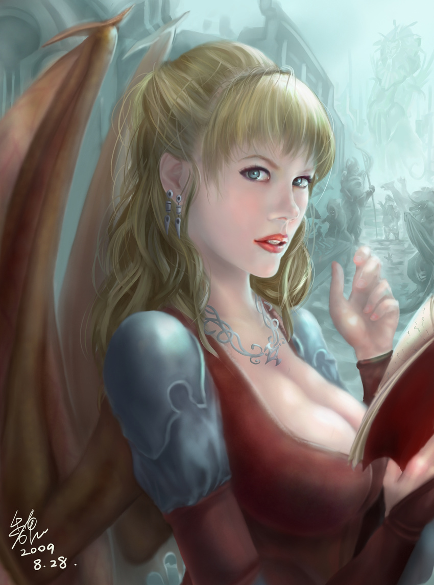 armor blonde_hair blue_eyes book breasts bridal_gauntlets cleavage collar dated demon demon_girl demon_wings dungeons_and_dragons earrings fall-from-grace halberd highres jewelry lady_of_pain large_breasts lips looking_at_viewer planescape:_torment polearm realistic signature smile succubus weapon wings
