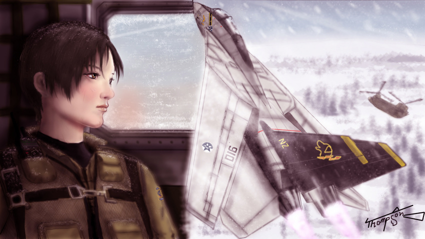 ace_combat ace_combat_5 afterburner aircraft airplane artist_name brown_eyes brown_hair ch-47_chinook emblem eyelashes f-14_tomcat fighter_jet helicopter jet kei_nagase lips military military_vehicle pilot pilot_suit radio short_hair signature snow solo thompson tree wallpaper wardog_squadron