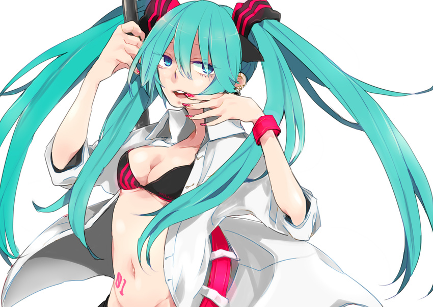 aqua_eyes aqua_hair bad_id bad_pixiv_id belt bracelet breasts cleavage earrings floating_hair groin hatsune_miku highres jewelry long_hair m0chio medium_breasts nail_polish navel pole simple_background solo twintails vocaloid white_background