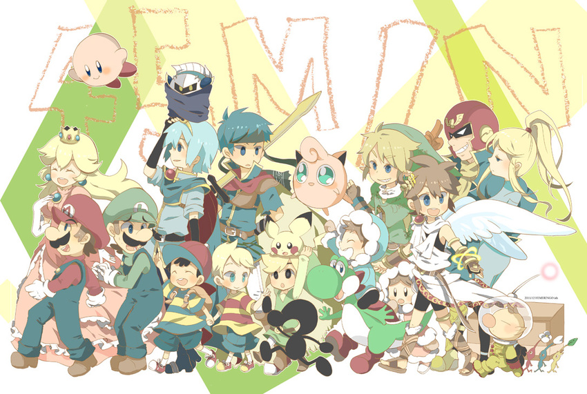 6+boys backpack bag black_eyes black_hair blonde_hair blue_eyes blue_hair bracer brown_hair cape captain_falcon crown earrings f-zero facial_hair fire_emblem fire_emblem:_monshou_no_nazo fire_emblem:_souen_no_kiseki gen_1_pokemon gen_2_pokemon gloves grin hat headband helmet hood ice_climber ice_climbers ike jewelry jigglypuff kid_icarus kirby kirby_(series) link long_hair lucas luigi mario mario_(series) marth mask meta_knight metal_gear_(series) mother_(game) mother_2 mother_3 mr._game_&amp;_watch multiple_boys multiple_girls mustache nana_(ice_climber) ness olimar overalls pichu pikmin_(series) pit_(kid_icarus) pointy_ears pokemon pokemon_(creature) ponytail popo_(ice_climber) popupopo princess_peach samus_aran scarf smile solid_snake super_mario_bros. super_smash_bros. sword the_legend_of_zelda the_legend_of_zelda:_the_wind_waker the_legend_of_zelda:_twilight_princess tiara toon_link weapon wings yellow_eyes yoshi