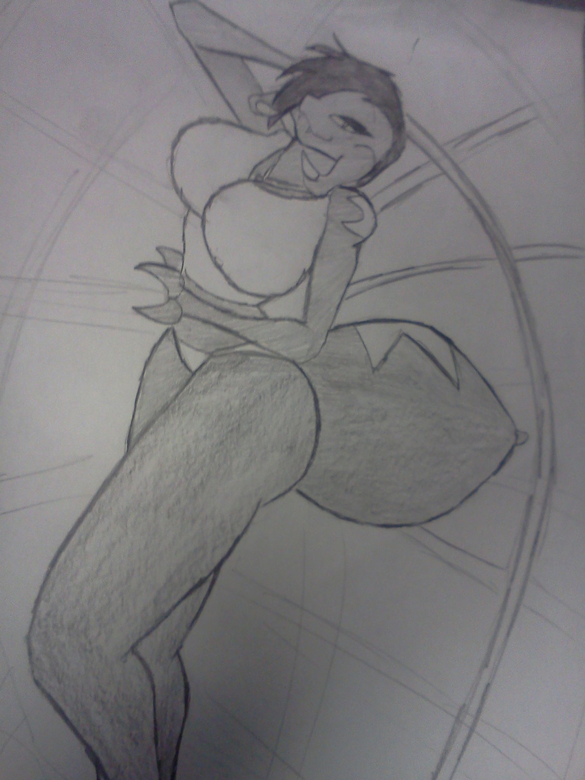 anthro arachnid arthropod big_breasts big_butt black_and_white black_widow breasts butt clothing female hair looking_at_viewer monochrome panties redgreenfluffball shirt smile solo spider tank_top underwear web wide_hips