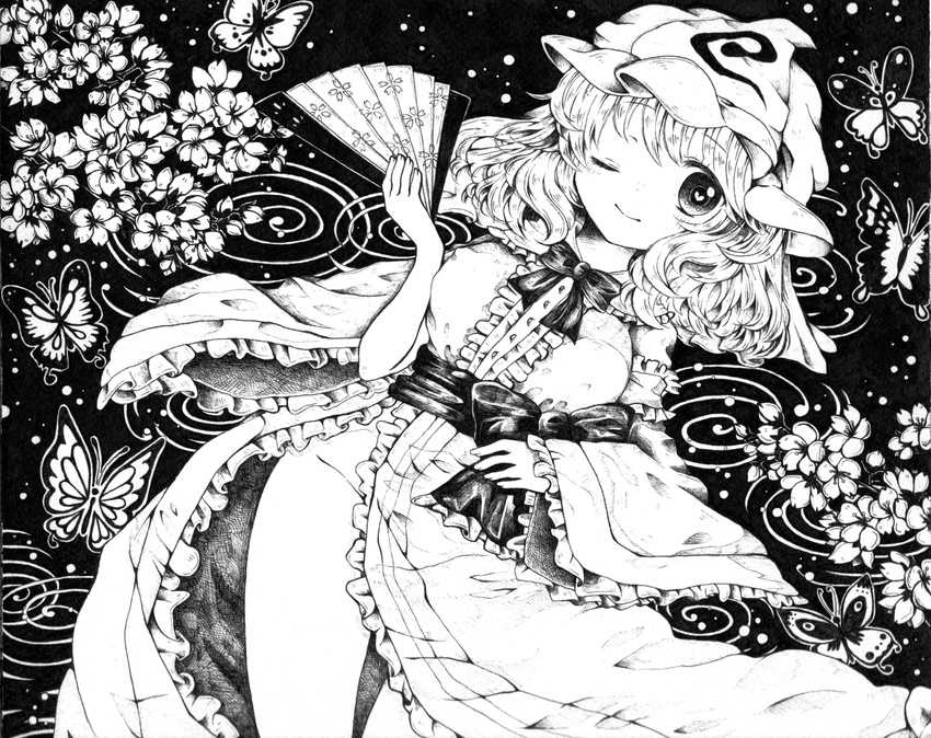 breasts bug butterfly cherry_blossoms fan flower folding_fan greyscale hat heart insect japanese_clothes long_sleeves lying medium_breasts monochrome no_panties one_eye_closed petals ribbon saigyouji_yuyuko sash short_hair smile solo tayunn thighs touhou triangular_headpiece water wide_sleeves