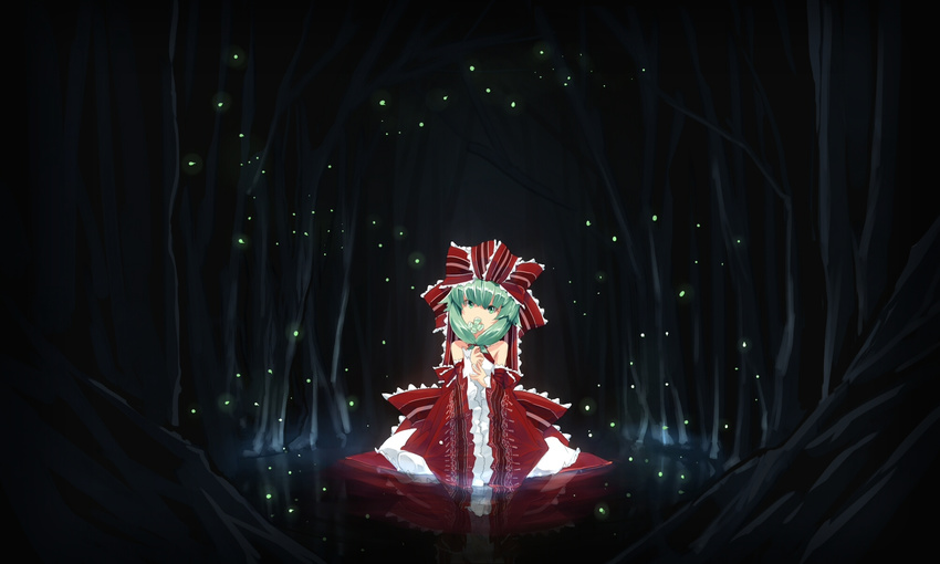 adapted_costume bare_shoulders clover detached_sleeves dress fireflies forest four-leaf_clover front_ponytail green_eyes green_hair hair_ribbon highres kagiyama_hina nature night reflection ribbon solo tan_(carbon) touhou tree water wide_sleeves