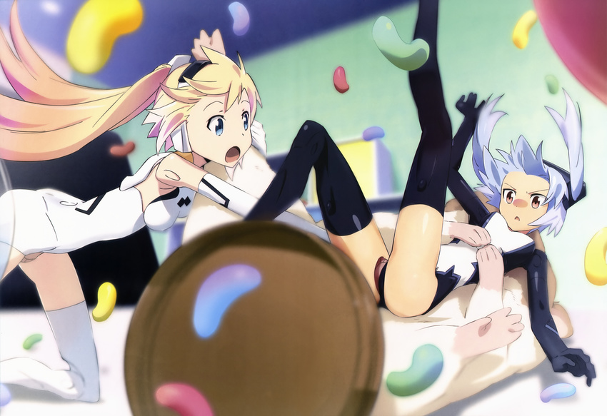 2girls absurdres arnval black_legwear blonde_hair blue_eyes bodysuit brown_eyes busou_shinki candy censored convenient_censoring highres ishida_kana jelly_bean long_hair minigirl multiple_girls nyantype official_art open_mouth scan short_hair silver_hair strarf thighhighs twintails very_long_hair white_legwear