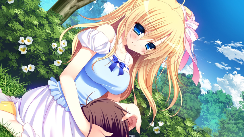 1girl bare_shoulders blonde_hair blue_dress blue_eyes blue_sky breasts cloud day dress game_cg hair_ribbon lap_pillow large_breasts long_hair looking_at_viewer mekami_suzu nanaka_mai off-shoulder_dress off_shoulder puffy_short_sleeves puffy_sleeves pure_girl ribbon short_sleeves sitting sky smile solo_focus yokozuwari