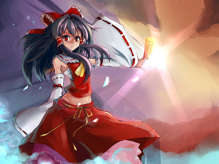 black_hair bow clear_echoes detached_sleeves hair_bow hair_tubes hakurei_reimu highres long_hair midriff navel ofuda red_eyes solo touhou wide_sleeves