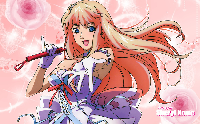 artist_request blonde_hair blue_eyes breasts character_name dress flower gloves highres long_hair macross macross_frontier microphone open_mouth sheryl_nome smile