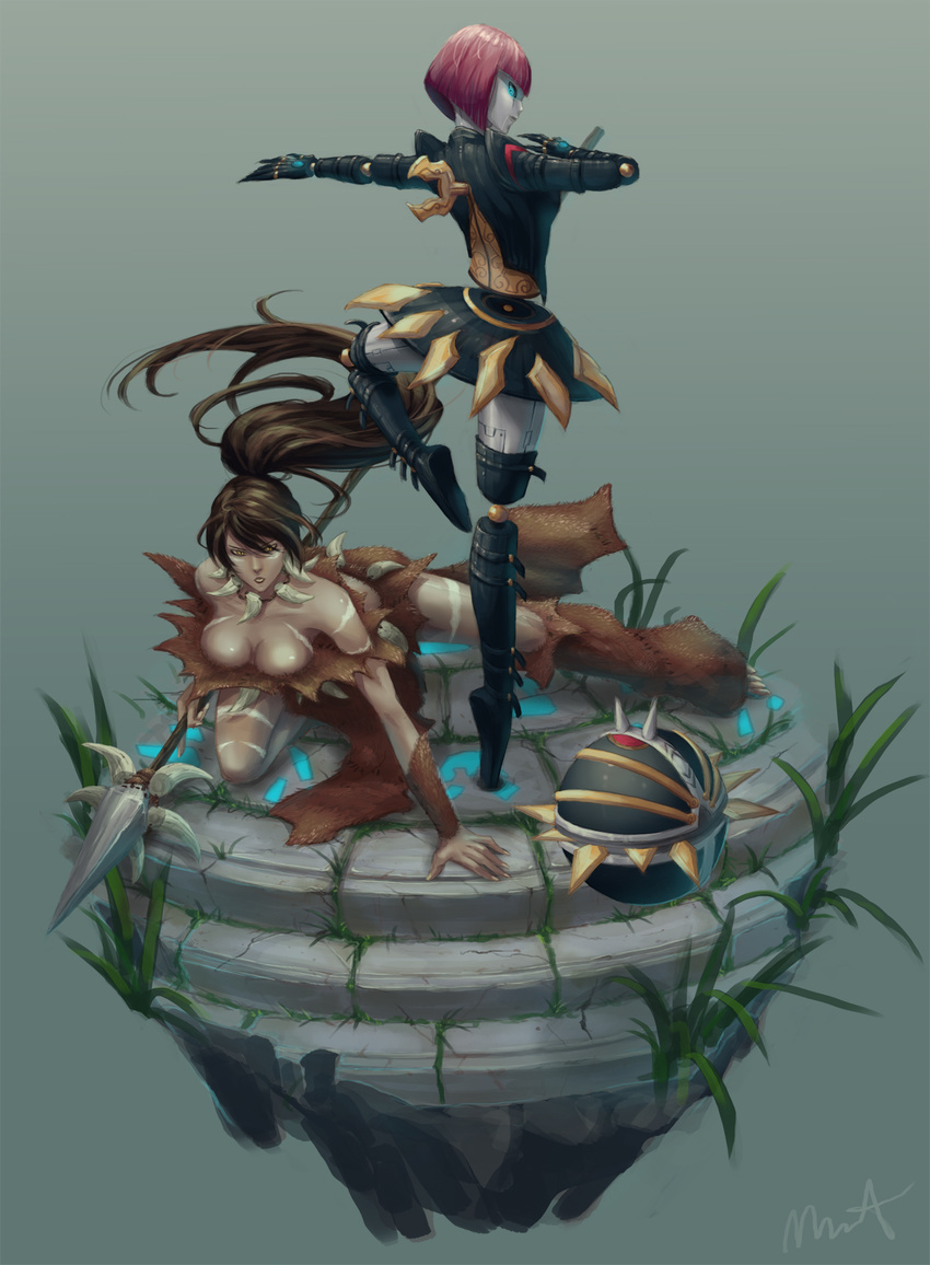 barefoot brown_hair fur highres jewelry league_of_legends long_hair mismist multiple_girls nidalee orianna_reveck polearm ponytail spear tribal weapon winding_key