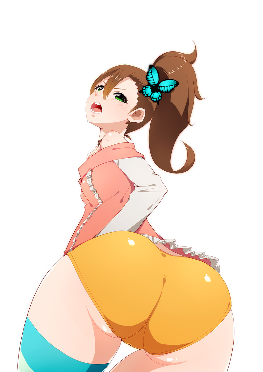 ass bad_id bad_pixiv_id bare_shoulders blush brown_hair butterfly_hair_ornament choker chousoku_henkei_gyrozetter from_behind green_eyes hair_ornament highres inaba_rinne long_hair long_sleeves looking_at_viewer looking_back open_mouth ribbon_choker shorts side_ponytail single_thighhigh solo striped striped_legwear thighhighs undo-chuu