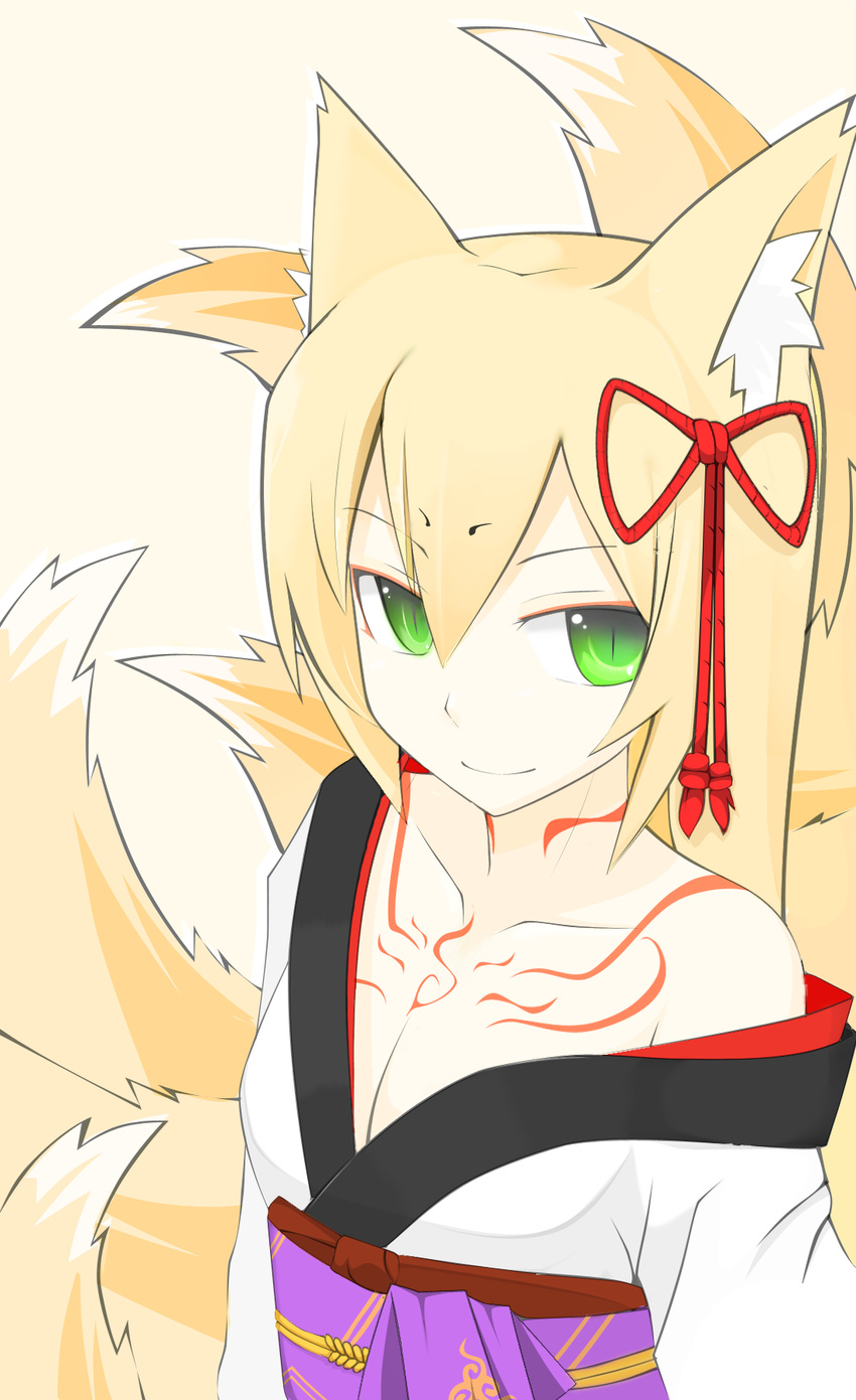 animal_ear_fluff animal_ears bangs blonde_hair collarbone dongflame flat_chest fox_ears fox_tail green_eyes hair_ornament highres japanese_clothes kimono mon-musu_quest! sidelocks smile solo tail tamamo_(mon-musu_quest!) tattoo white_background