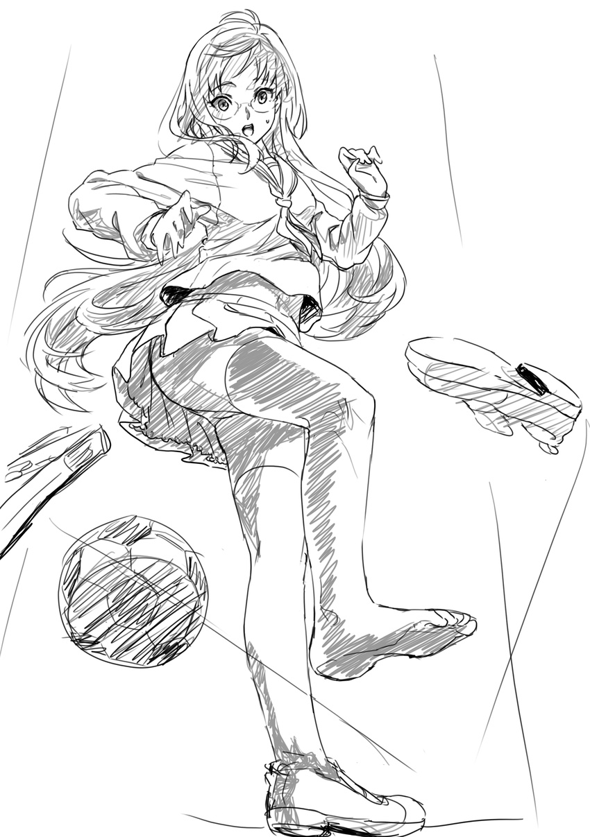 absurdres archellaura bad_id bad_pixiv_id ball barefoot copyright_request glasses greyscale highres monochrome open_mouth panties school_uniform serafuku shoe_loss shoes shoes_removed single_shoe sketch skirt soccer_ball solo thighhighs underwear