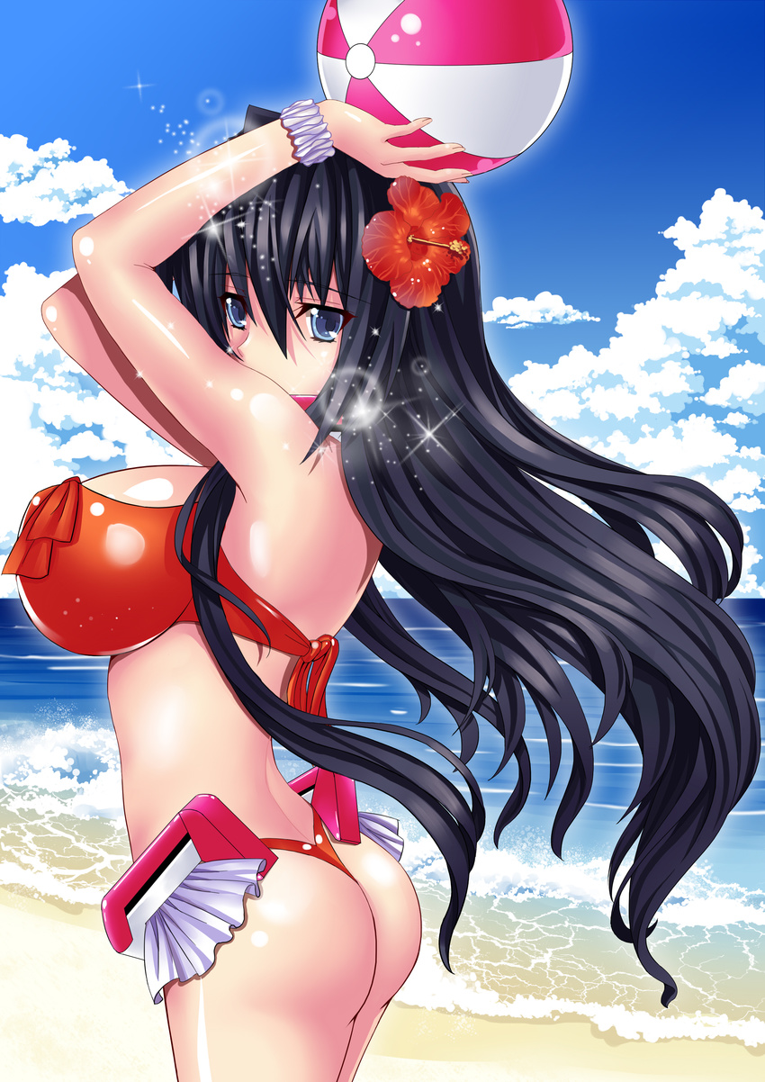 absurdres arms_up ass bad_id bad_pixiv_id ball beach beachball bikini black_hair blue_eyes breasts cloud cowboy_shot day flower frills from_side hair_flower hair_ornament hibiscus highres horizon_ariadust kyoukaisenjou_no_horizon large_breasts long_hair mizutsuki_rei ocean outdoors sky solo sparkle swimsuit thong_bikini wristband