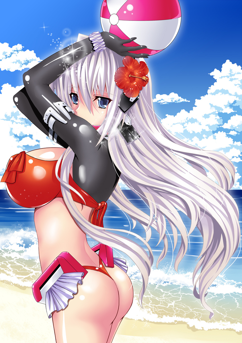 absurdres arms_up ass bad_id bad_pixiv_id ball beach beachball bikini blue_eyes breasts cloud cowboy_shot day flower frills from_side hair_flower hair_ornament hibiscus highres horizon_ariadust kyoukaisenjou_no_horizon large_breasts long_hair mizutsuki_rei ocean outdoors silver_hair sky solo swimsuit thong_bikini wristband