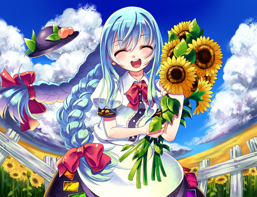 :d bad_id bad_pixiv_id blue_hair blush bow braid closed_eyes cloud day douji fence flower food fruit hair_bow hat hat_removed headwear_removed hinanawi_tenshi long_hair open_mouth peach revision sky smile solo sunflower touhou twin_braids