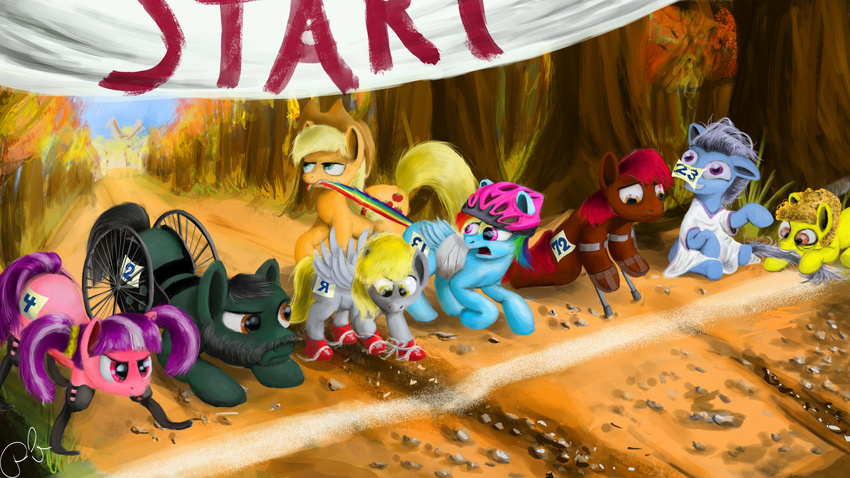 applejack_(mlp) banner blonde_hair cheating cowboy_hat cutie_mark derpy_hooves_(mlp) disabled equine female feral friendship_is_magic grey_hair group hair hat helmet horse insane legless male mammal multi-colored_hair my_little_pony no_legs outside peasantb pegasus pony pulling_tail race rainbow_dash_(mlp) rainbow_hair sad screw_loose_(mlp) shoes tail_pull two_tone_hair wings
