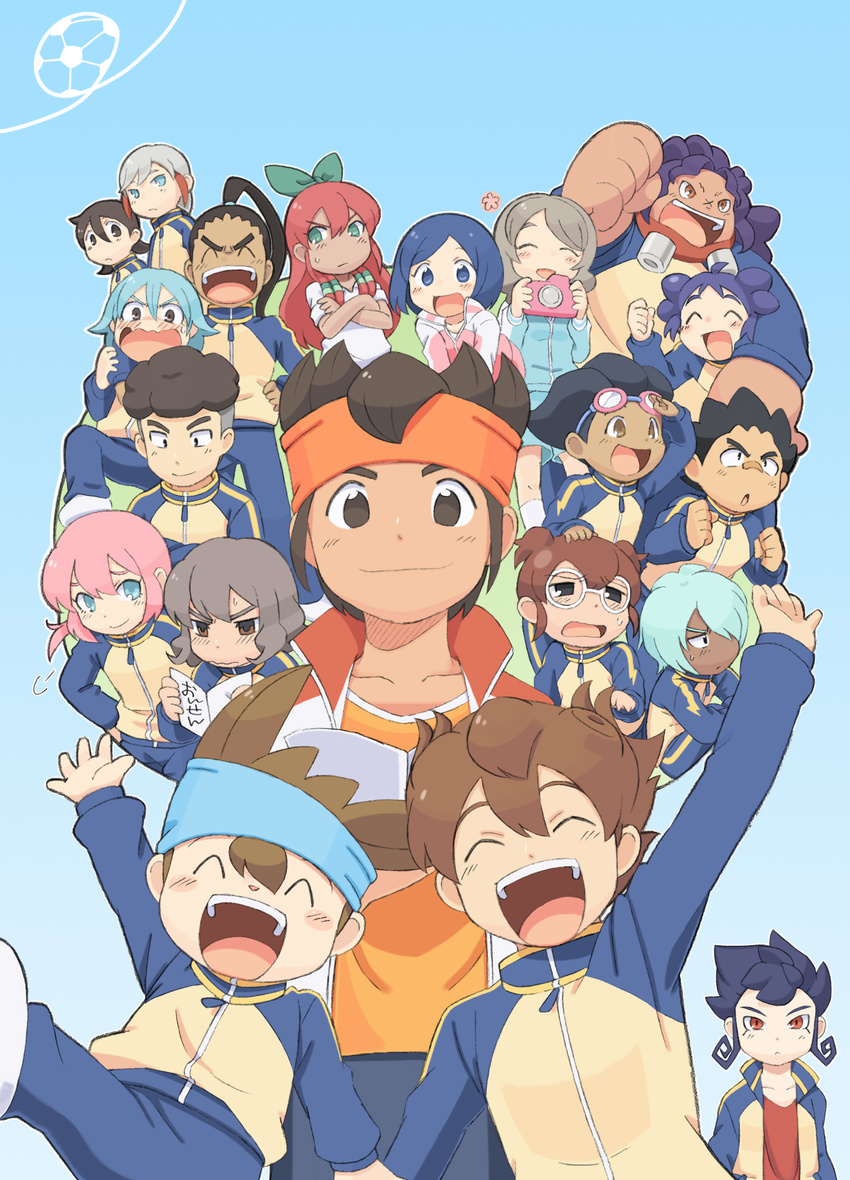 6+boys amagi_daichi aoyama_shunsuke bad_id bad_pixiv_id ball blue_eyes blue_hair blush brown_eyes brown_hair camera closed_eyes endou_mamoru everyone glasses goggles green_eyes hamano_kaiji hayami_tsurumasa headband highres ichino_nanasuke inazuma_eleven_(series) inazuma_eleven_go kageyama_hikaru kamijou_shoutarou kariya_masaki kirino_ranmaru kurama_norihito kurumada_gouichi matsukaze_tenma multiple_boys multiple_girls nishiki_ryouma nishizono_shinsuke no_pupils open_mouth pink_hair red_eyes red_hair sangoku_taichi seto_midori shindou_takuto short_hair sleeves_rolled_up smile soccer_ball sorano_aoi tsurugi_kyousuke yamana_akane