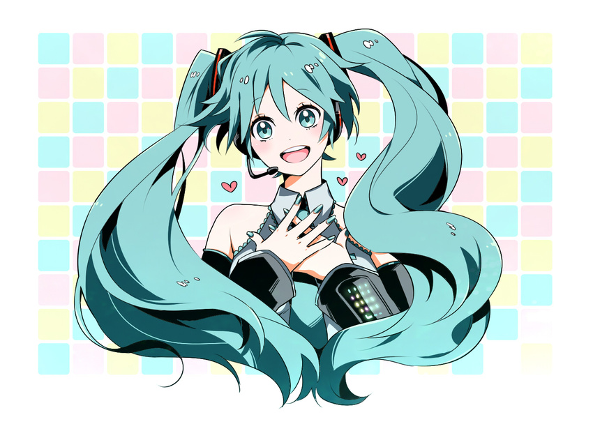 aqua_eyes aqua_hair bad_id bad_pixiv_id chonnbo hatsune_miku headset heart long_hair looking_at_viewer open_mouth smile solo twintails vocaloid