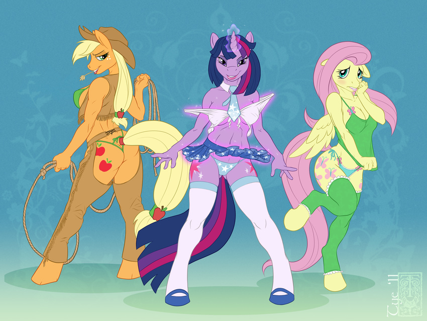 1 absurd_res anthro anthrofied applejack_(mlp) assless_chaps big_breasts blush bra breasts butt chaps clothed clothing cowboy_hat equine female fluttershy_(mlp) friendship_is_magic hat hi_res hooves horn horse invalid_tag lace legwear little looking_at_viewer magic mammal miniskirt my_little_pony necktie panties pegasus pony pose school_uniform schoolgirl_uniform shy skimpy stockings twilight_sparkle_(mlp) tyelle_niko tyelleniko:my underwear unicorn whip wings