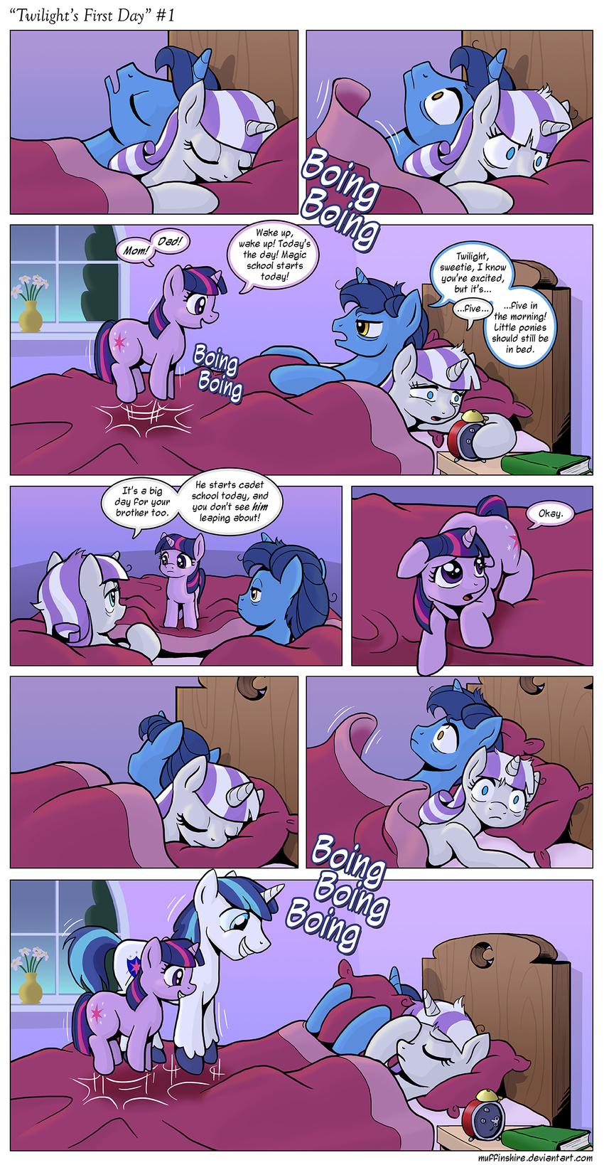 bed blue_eyes blue_hair book brother_and_sister clock comic crescent_(mlp) cub cutie_mark dialog english_text equine facepalm female feral friendship_is_magic group hair horn horse male mammal muffinshire multi-colored_hair my_little_pony parent pillow pony purple_eyes purple_hair shining_armor_(mlp) sibling text twilight_sparkle_(mlp) twilight_velvet_(mlp) two_tone_hair unicorn white_hair yellow_eyes young