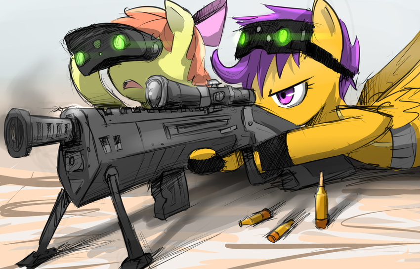 apple_bloom_(mlp) binoculars bullets duo equine eyewear female friendship_is_magic goggles gun hair horse mammal my_little_pony pegasus pony purple_eyes ranged_weapon red_hair scootaloo_(mlp) smoke sniper_rifle stupidyou3 weapon wings young