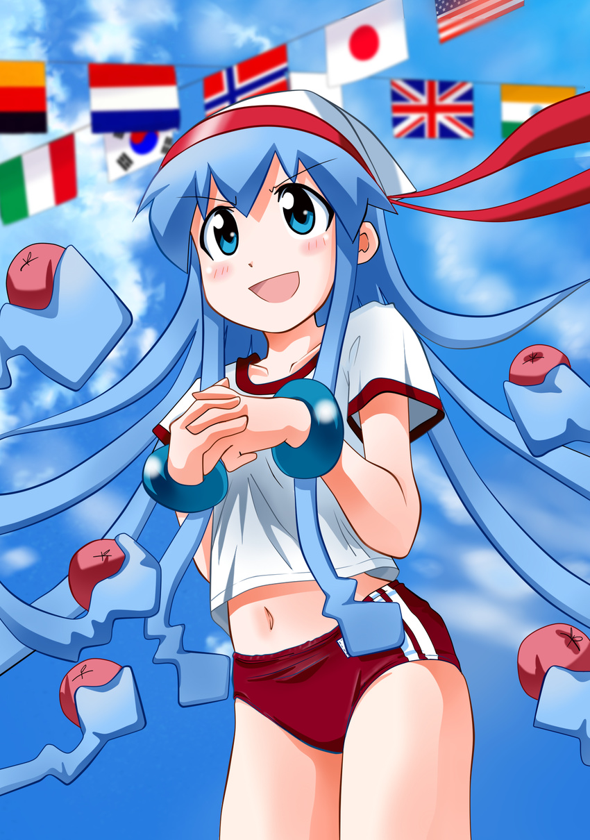 alternate_costume american_flag apple ball_toss blue_eyes blue_hair blush bracelet buruma cloud day flag flags_of_all_nations food fruit german_flag gym_uniform hat headband highres ikamusume italian_flag japanese_flag jewelry long_hair navel norwegian_flag rokushaku_neko shinryaku!_ikamusume sky solo south_korean_flag sports_festival string_of_flags tentacle_hair union_jack