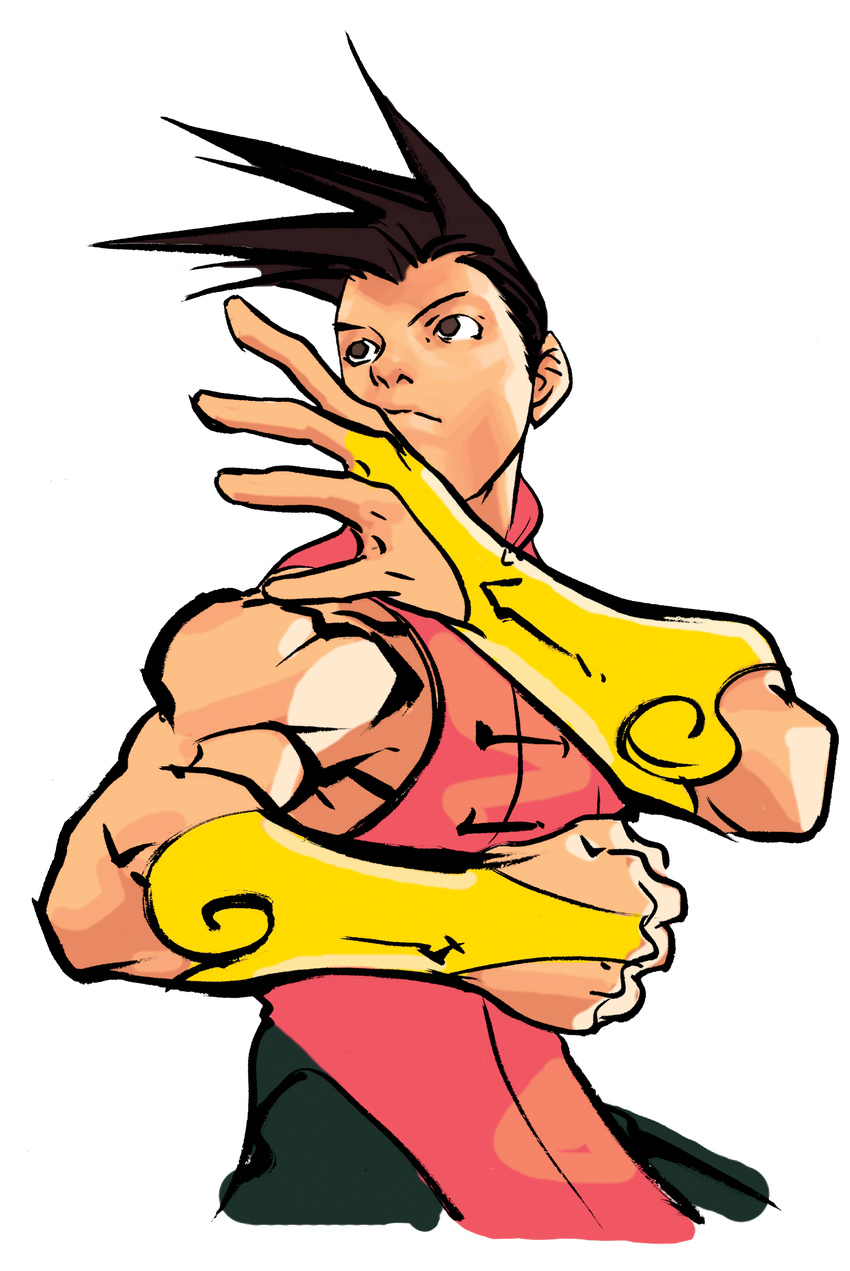 absurdres bridal_gauntlets brown_eyes brown_hair capcom chinese_clothes fighting_stance highres male_focus muscle nishimura_kinu official_art solo spiked_hair street_fighter street_fighter_iii_(series) transparent_background yang_lee