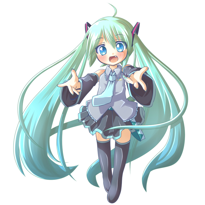 ahoge aqua_eyes aqua_hair bad_id bad_pixiv_id boots detached_sleeves fang full_body hatsune_miku highres hitenomaki long_hair necktie open_mouth outstretched_arms skirt solo thigh_boots thighhighs transparent_background twintails very_long_hair vocaloid