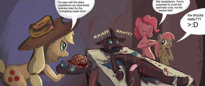 apple_bloom_(mlp) applejack_(mlp) ball_gag balls blood brain brain_surgery castration changeling cock_and_ball_torture cub cutie_mark dialog english_text equine eyeballs eyes_closed female feral flaccid friendship_is_magic gag gore group horse male mammal my_little_pony peeing penis pinkie_pie_(mlp) pony restrained sibling sisters tears text torture urine wings young