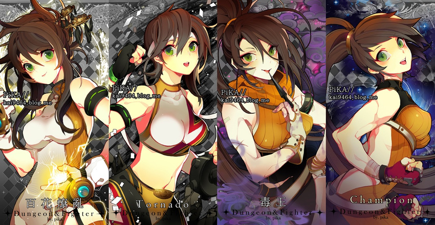bandaid brawler_(dungeon_and_fighter) breasts brown_hair china_dress chinese_clothes dress dungeon_&amp;_fighter dungeon_and_fighter fighter_(dungeon_and_fighter) fingerless_gloves gloves grappler grappler_(dungeon_&amp;_fighter) headband knife long_hair nen_master open_mouth ponytail scar scars short_hair smile striker throwing_knife very_long_hair weapon