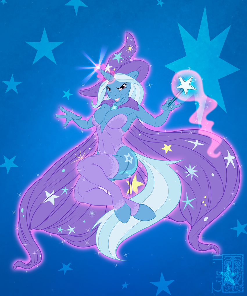 anthro anthrofied blue_hair breasts cleavage clothed clothing cutie_mark equine female friendship_is_magic glowing hair hat horn horse legwear levitation magic mammal my_little_pony pony purple_eyes solo sparkles stars stockings trixie_(mlp) two_tone_hair tyelle_niko unicorn wand white_hair wizard_hat