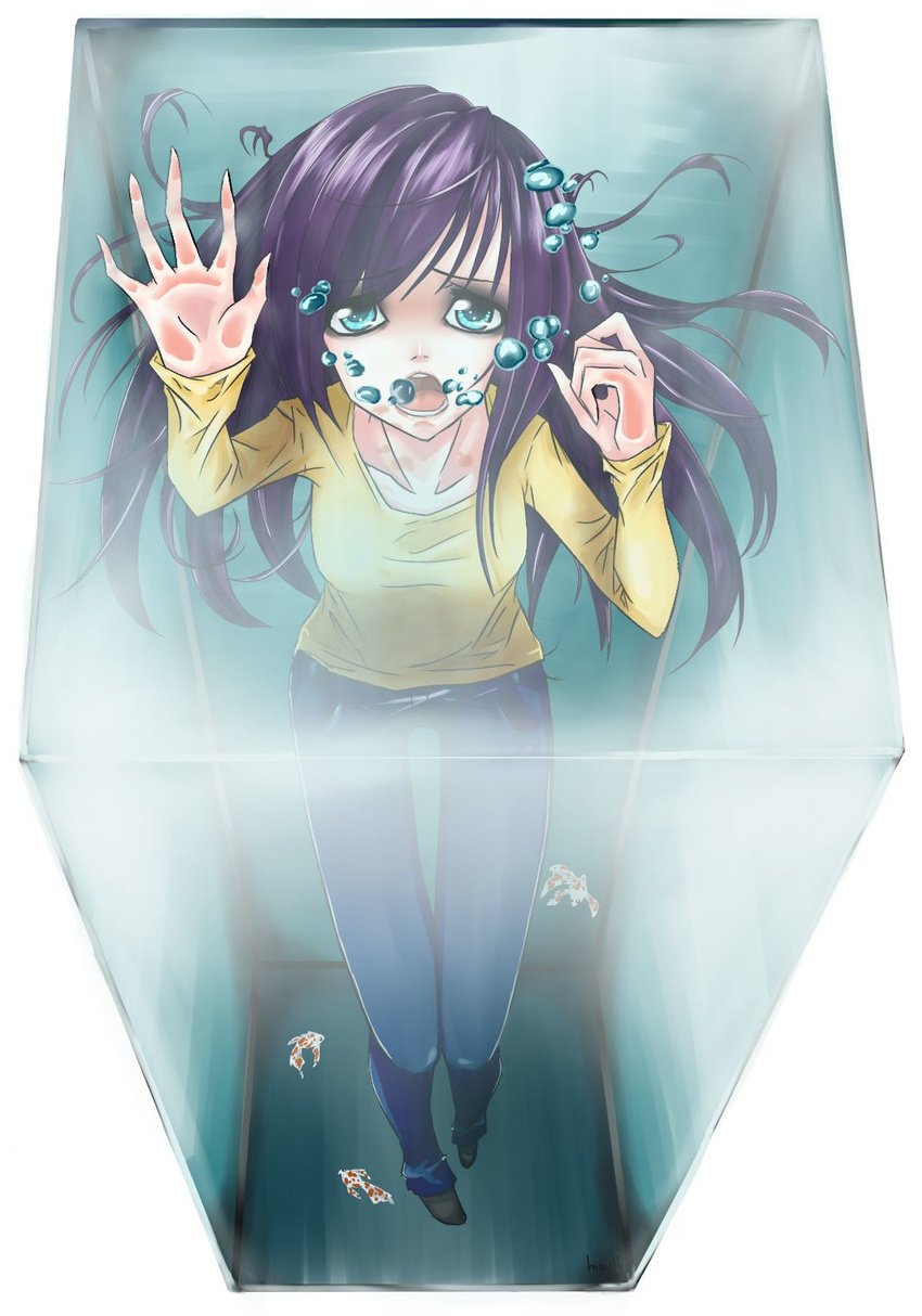 air_bubble artist_request asphyxiation blue_eyes box breath bubble bubbles drowning female fish foreshortening girl glass highres open_mouth purple_hair solo trapped underwater