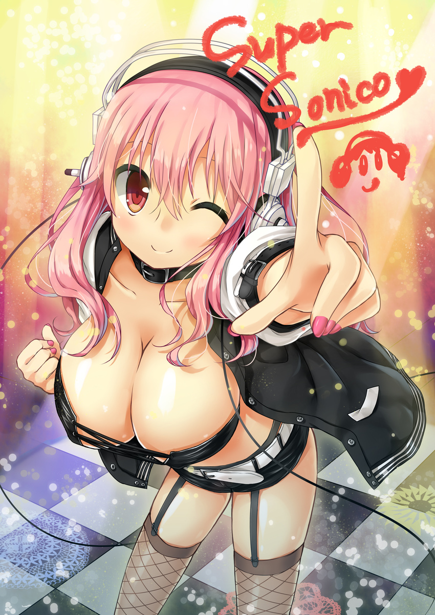 ;) absurdres belt blush breasts cleavage closed_mouth garters headphones highres index_finger_raised large_breasts long_hair looking_at_viewer navel nitroplus one_eye_closed pink_hair pointing red_eyes shorts silver15 smile solo super_sonico thighhighs
