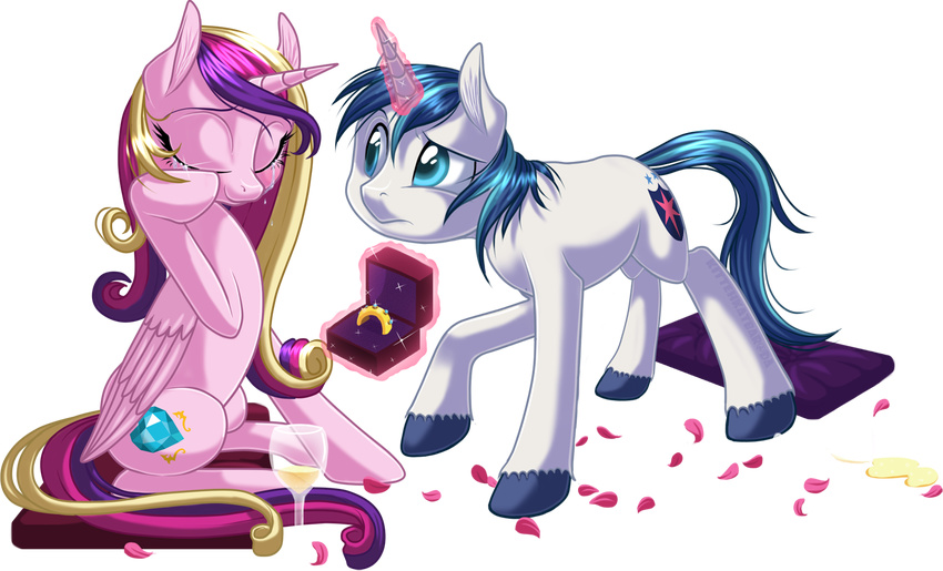 alpha_channel beverage blue_eyes couple crying cutie_mark duo equine female feral friendship_is_magic glowing hair horn horse kittehkatbar levitation magic male mammal multi-colored_hair my_little_pony petals pillow plain_background pony princess_cadance_(mlp) proposal ring shining_armor_(mlp) sitting sparkles tears transparent_background unicorn wedding_ring wine winged_unicorn wings