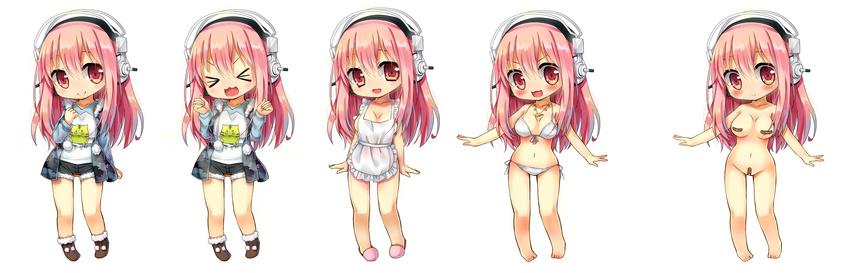 &gt;_&lt; :3 :d apron bandaid bandaid_on_pussy bandaids_on_nipples bikini blush breasts chibi closed_eyes headphones highres jewelry large_breasts long_hair naked_apron nitroplus nude open_mouth pasties pendant pink_eyes pink_hair raglan_sleeves shorts side-tie_bikini silver15 simple_background slippers smile super_sonico swimsuit v-shaped_eyebrows white_background xd