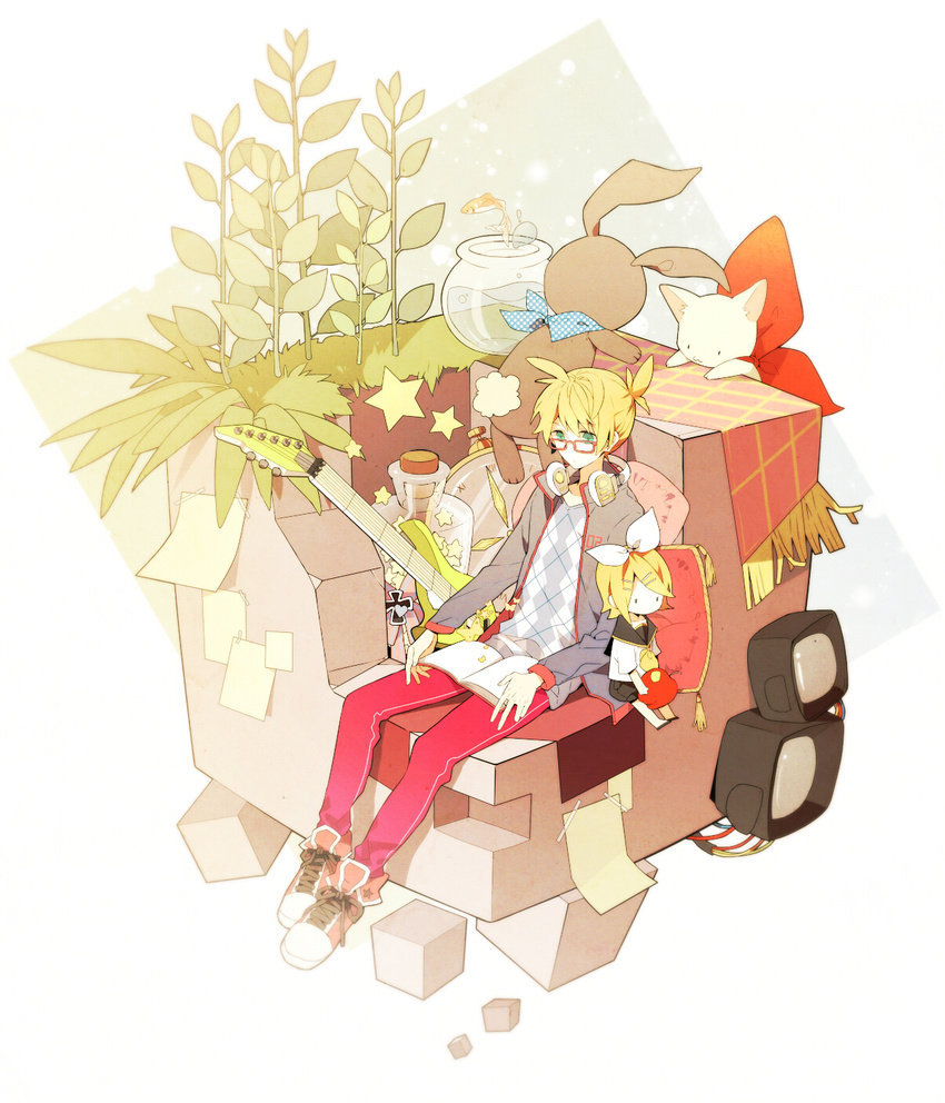 aqua_eyes bad_id bad_pixiv_id bespectacled blonde_hair casual cat character_doll faux_figurine glasses headphones headphones_around_neck highres jacket kagamine_len male_focus rookya shoes sitting solo vocaloid