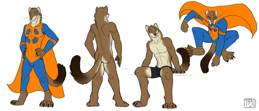 biceps blue_eyes boxer_briefs brown_fur bulge claws clothed clothing costume cute_butt distorter fur half-dressed kunto male mammal muscles mustelid nude pecs pose sitting solo standing superhero toe_claws topless tsaiwolf tsaiwolf_should_totally_draw_more_weasels underwear weasel