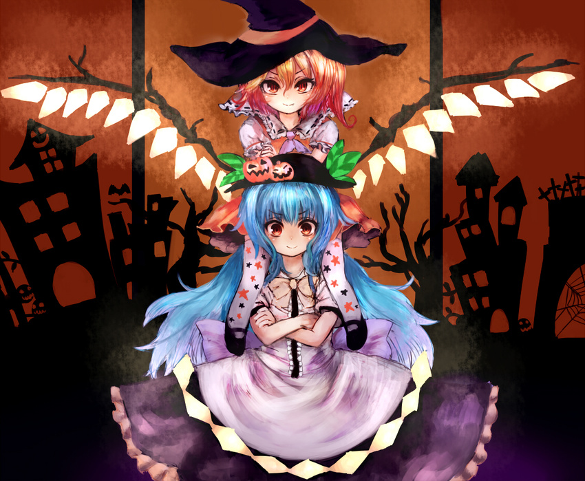 blonde_hair blue_hair carrying crossed_arms flandre_scarlet gobou_(gbu) halloween hat hinanawi_tenshi jack-o'-lantern long_hair multiple_girls piggyback red_eyes short_hair side_ponytail thighhighs touhou wings witch_hat