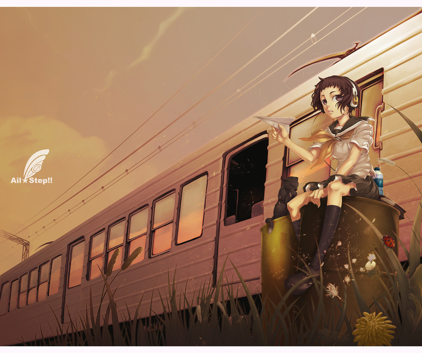 ayaki bottle brown_eyes brown_hair bug cattail dandelion flower ground_vehicle headphones highres insect ladybug legs original paper_airplane plant school_uniform serafuku short_hair sitting solo train water_bottle