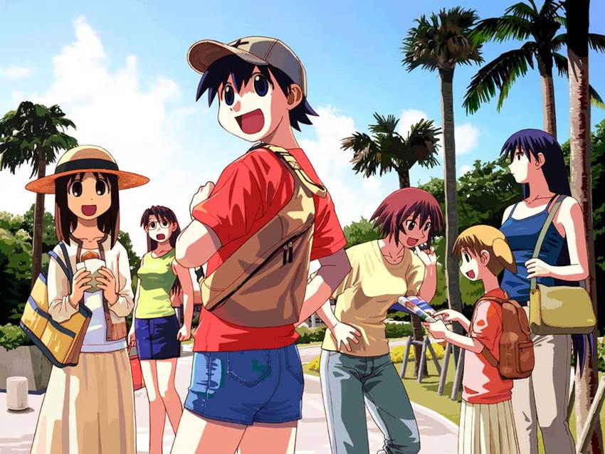 azuma_kiyohiko azumanga_daiou bag casual denim denim_shorts friends hat jpeg_artifacts kagura_(azumanga_daiou) kasuga_ayumu mihama_chiyo mizuhara_koyomi multiple_girls official_art sakaki scan short_twintails shorts takino_tomo twintails