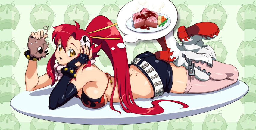 bikini_top boota breast_press breasts dinner dreaming elbow_gloves fingerless_gloves food gloves highres kagerou_(decoi) large_breasts long_hair lying on_stomach ponytail red_hair scarf short_shorts shorts solo star steak tengen_toppa_gurren_lagann thighhighs yellow_eyes yoko_littner zipper