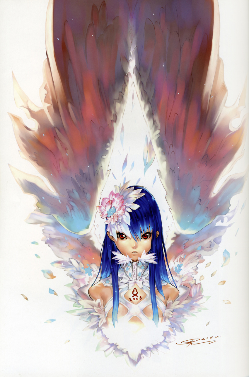 absurdres angel blue_hair copyright_request feathers flower hakua_ugetsu highres long_hair red_eyes scan solo wings