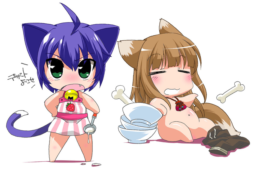 animal_ears bell blue_hair bone brown_hair cat_ears cat_tail chibi crossover fang green_eyes holo ikuta_takanon kyouran_kazoku_nikki long_hair midarezaki_kyouka multiple_girls nude short_hair spice_and_wolf tail translated wolf_ears