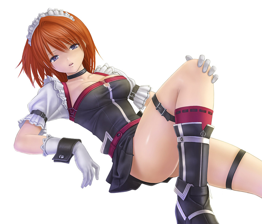 blue_eyes boots buckle choker copyright_request gloves kanzeon lying maid red_hair short_hair solo strap thigh_strap wrist_cuffs