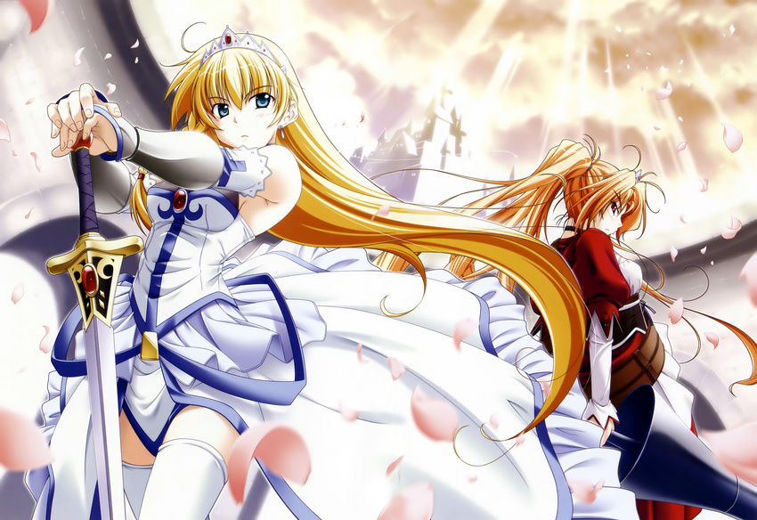 absurdres angela_victoire_blendin blonde_hair blue_eyes braid castle crown dress earrings elbow_gloves fingerless_gloves gauntlets gloves hat highres iris_(princess_waltz) jewelry light_rays long_hair md5_mismatch multiple_girls petals ponytail princess_waltz red_eyes side_braid sunbeam sunlight sword takeya_masami thighhighs very_long_hair weapon