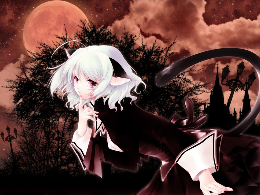 albino animal_ears cloud copyright_request gothic mogami_rio moon nail_polish night pink_nails red_eyes sky solo tree wallpaper white_hair