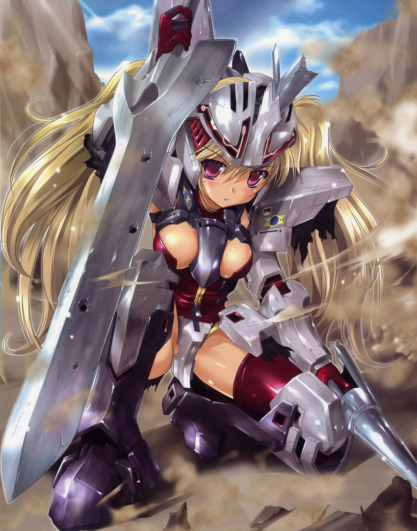 absurdres armor blonde_hair blush bodysuit break_blade breasts bullet_hole delphine_(break_blade) gloves greaves helmet highres komatsu_eiji long_hair mecha mecha_musume medium_breasts one_knee parted_lips personification pink_eyes red_legwear reverse_grip scan shiny shiny_clothes shiny_skin solo sword thighhighs twintails weapon